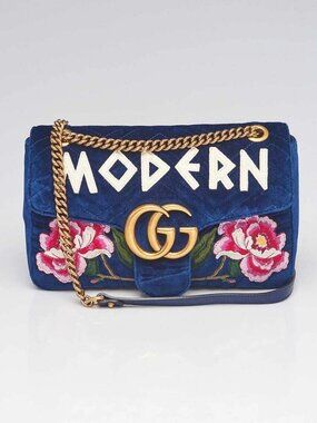 Gucci Blue Quilted Velvet Embroidered MODERN Medium Marmont Bag